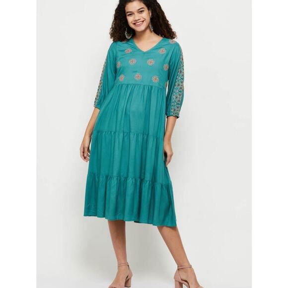 Max Women’s Embroidered Teal Boho Midi Dress size Medium - Picture 2 of 11